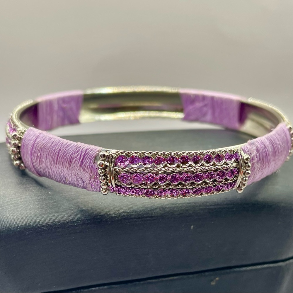 Purple Thread Textured Bangle Bracelet with Rhinestone Accents-Silver tone